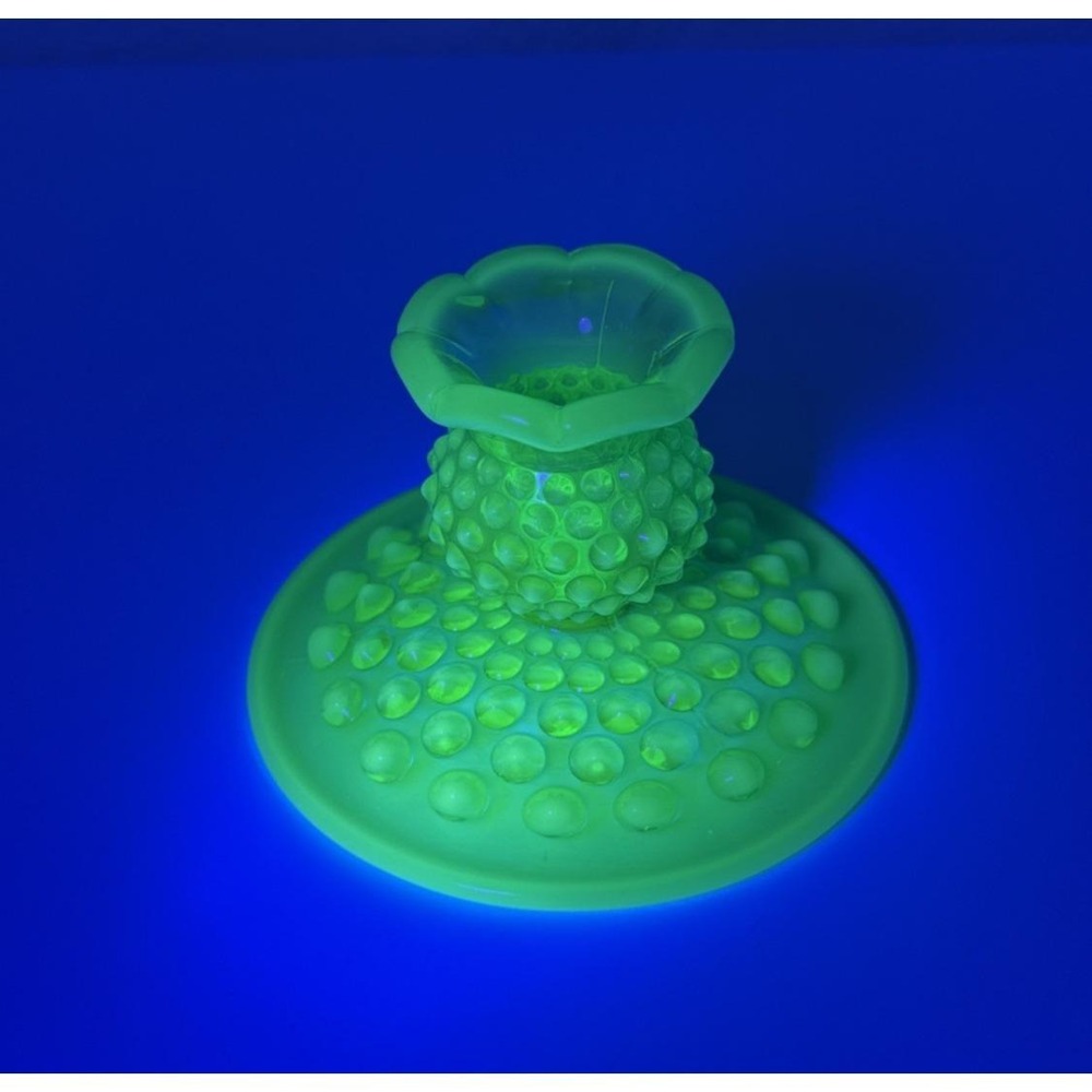 Fenton Hobnail Candlestick Holder Green Opalescent Uranium 1pc Approx 3" Tall